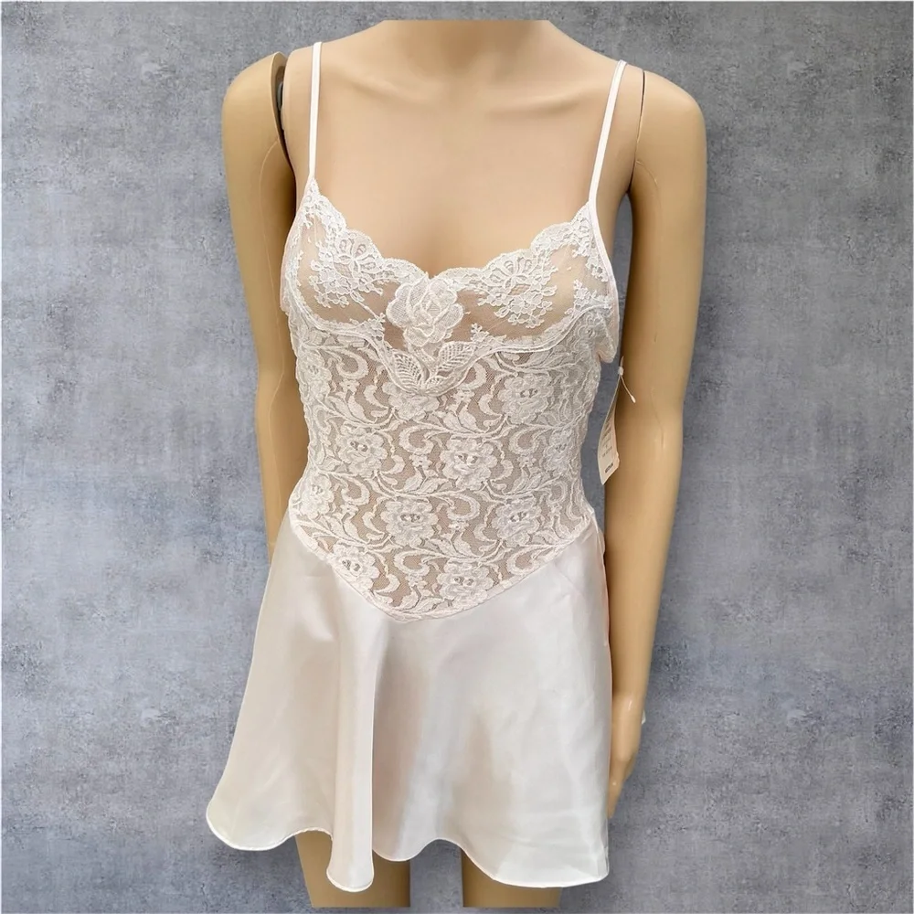 New Vintage Pink Lace Satin Women Babydoll Mini Slip Dress Size Medium NWT - Picture 2 of 12